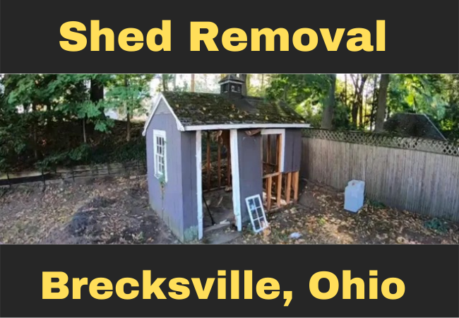 blue shed in a backyard that is missing its door, window, and bottom side wall paneling image reads shed removal brecksville, ohio