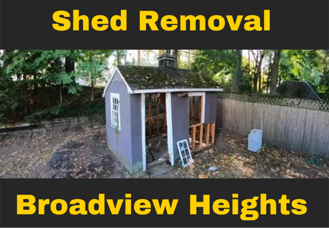 a light blue shed in a backyard missing a door and a window with text that reads shed removal broadview heights