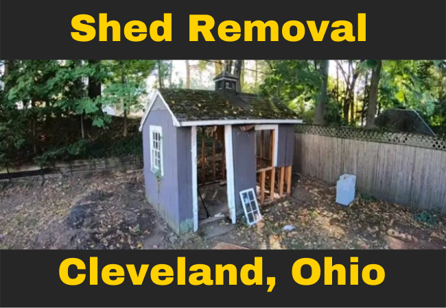 blue shed in a backyard that is missing its door, window, and bottom side wall paneling with text that reads shed removal cleveland, ohio