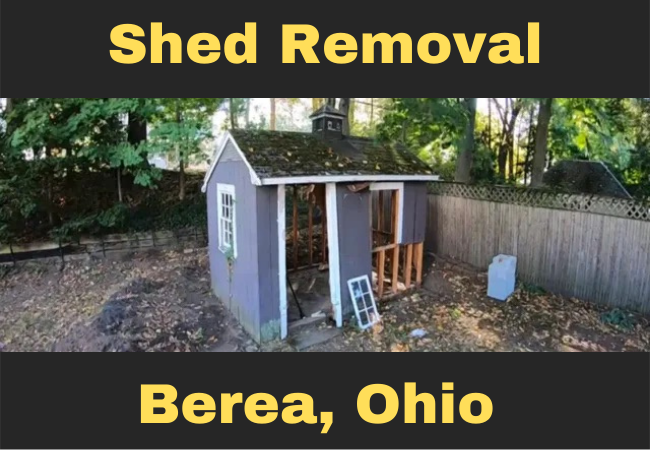 blue shed in a backyard that is missing its door, window, and bottom side wall paneling with text that reads shed removal Berea, Ohio