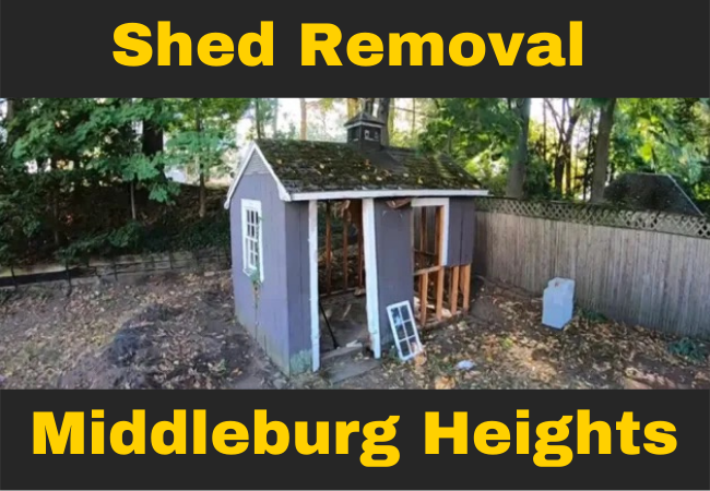 a light blue shed in a backyard with missing door and window and text that reads shed removal middleburg heights