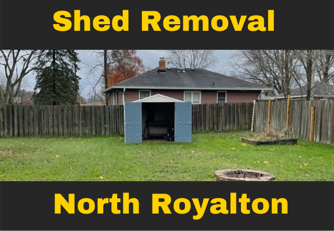 a light blue shed in a backyard with open doors and text that reads shed removal north royalton