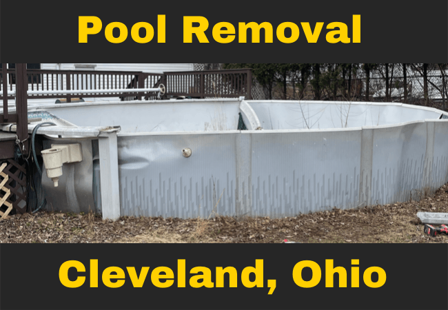 empty above ground pool that is falling apart and is surrounded by leaves on the ground with text that reads pool removal cleveland, ohio