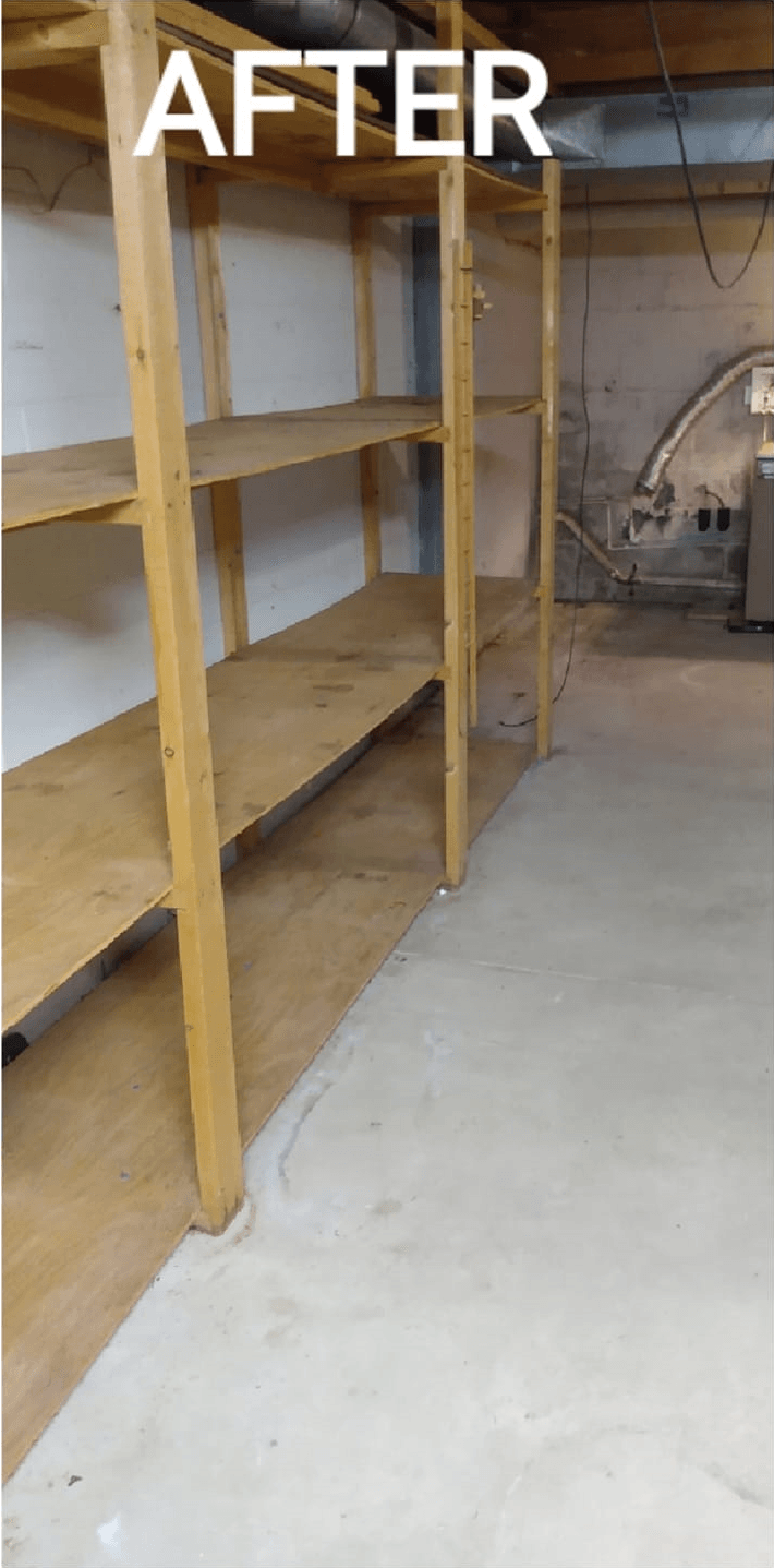 emptied out basement shelving and clean concrete floor
