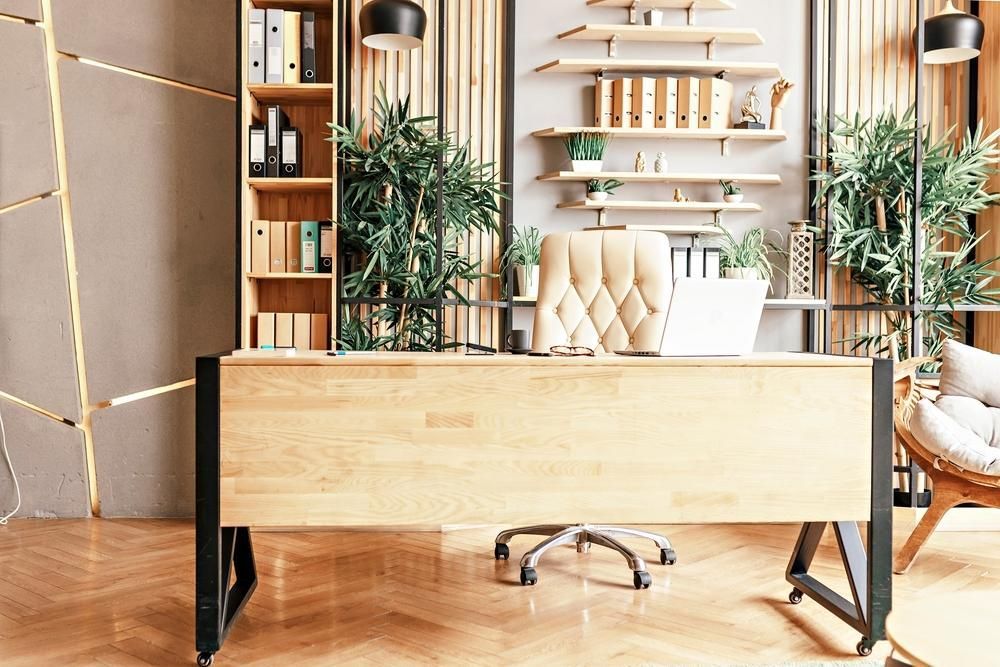 A Modern Home Office With A Wooden Desk And Chair — Viison Kitchens & Joinery Forster In Taree, NSW