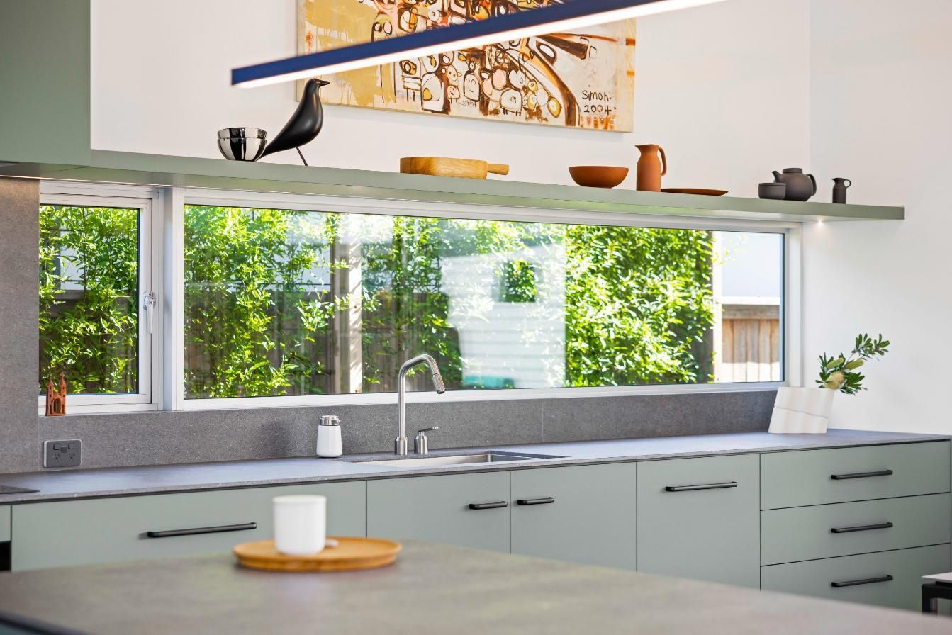 A Kitchen With A Large Window And A Sink — Viison Kitchens & Joinery Forster In Forster, NSW