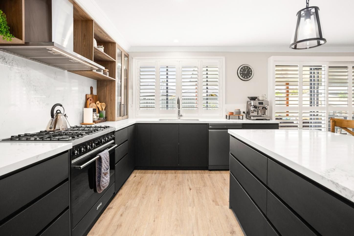 It Is A Kitchen With Black Cabinets And White Counter Tops — Viison Kitchens & Joinery Forster In Bulahdelah, NSW
