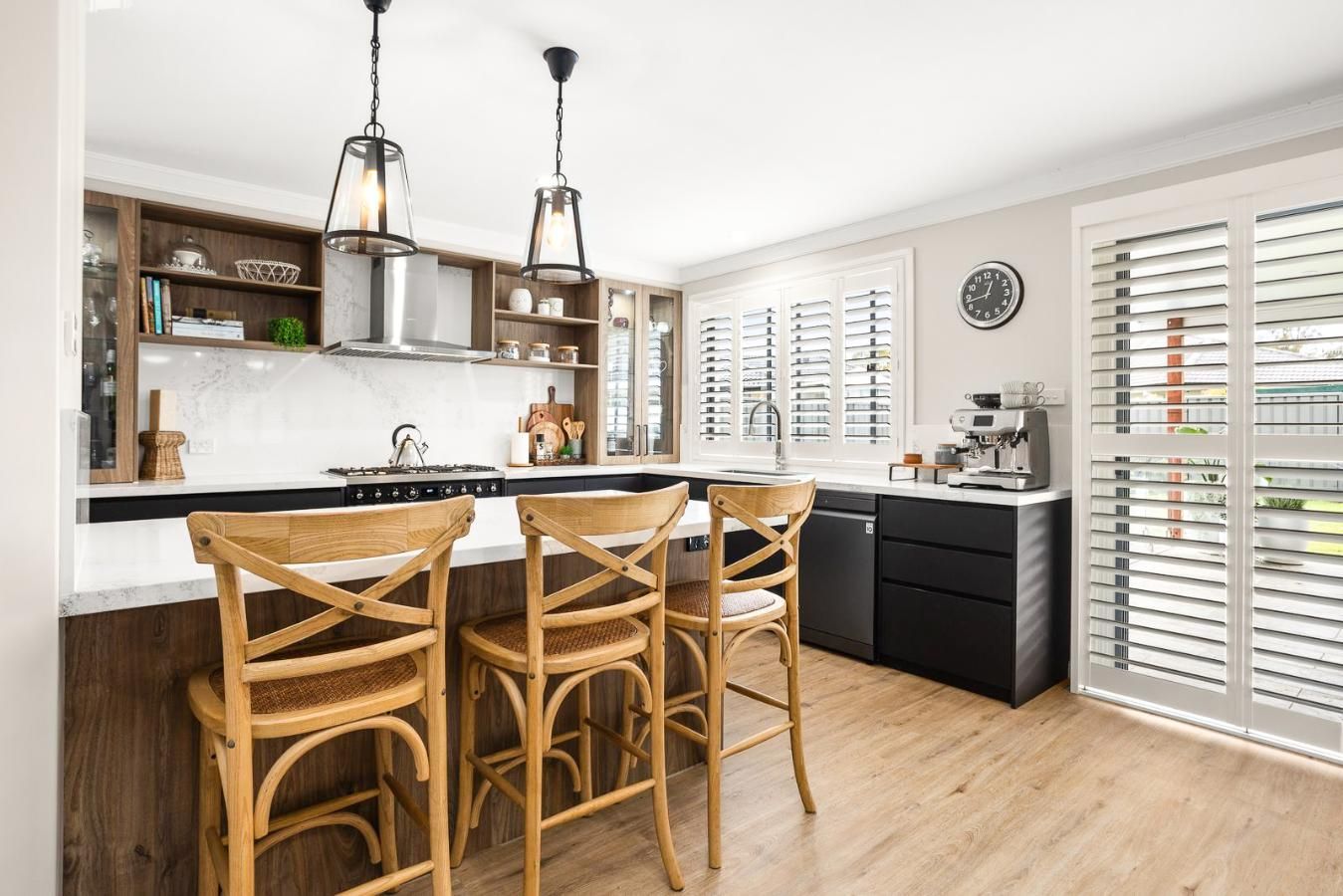 A Kitchen With Wooden Stools And Shutters On The Windows — Viison Kitchens & Joinery Forster In Forster, NSW