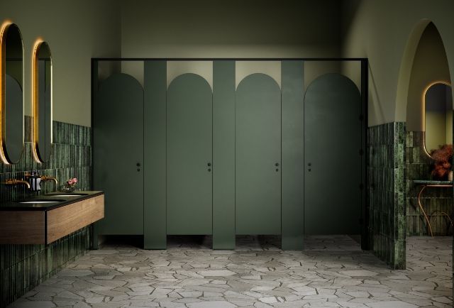 A bathroom with green dividers and a sink.  — Viison Kitchens & Joinery Forster In Forster, NSW