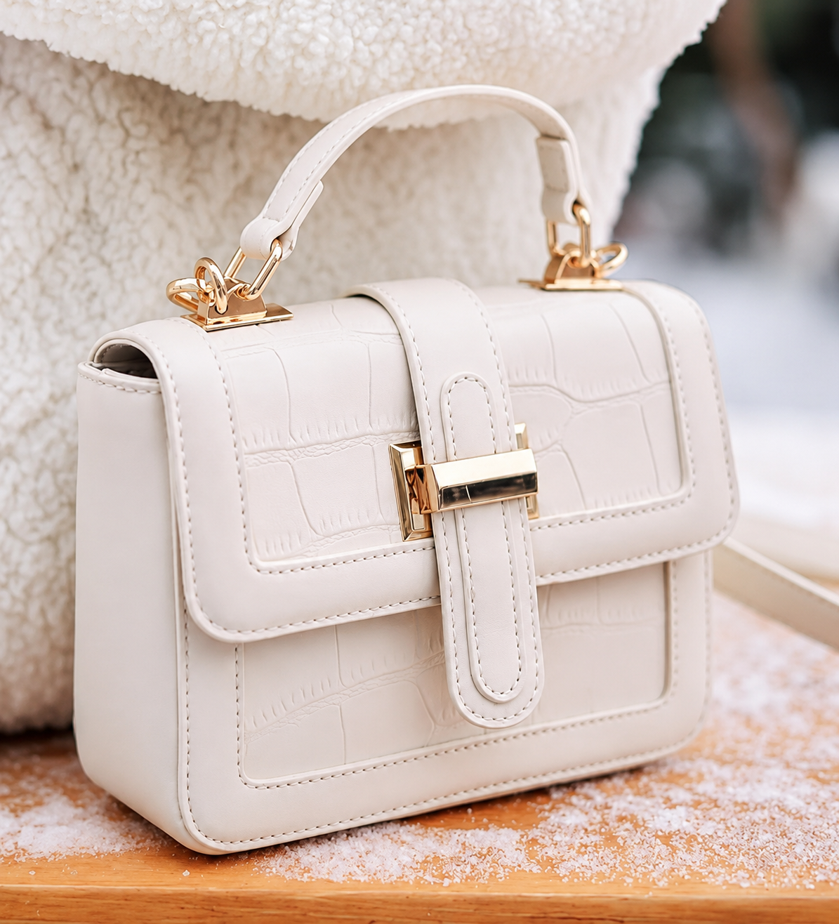 White quilted handbag with gold hardware on a wooden surface next to a fuzzy chair.