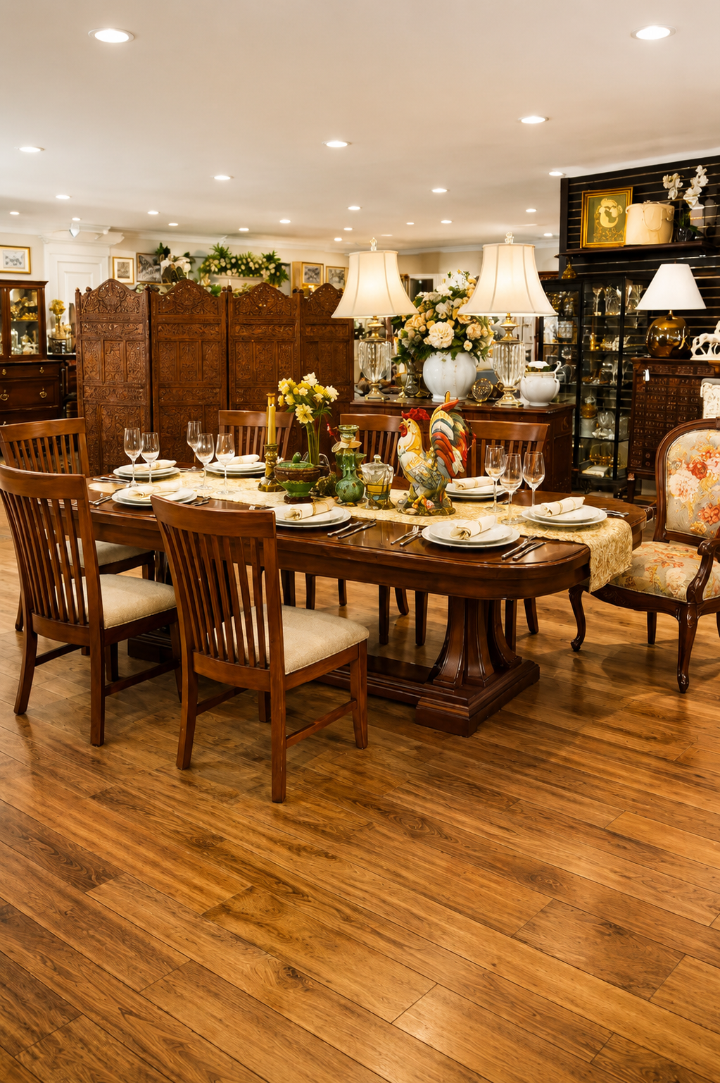 Elegant antique dining room with a set table, wooden chairs, floral decor, and warm lighting