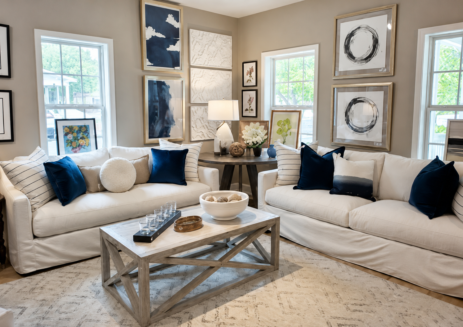 Bright living room with two white sofas, blue pillows, and a wooden coffee table by large windows.