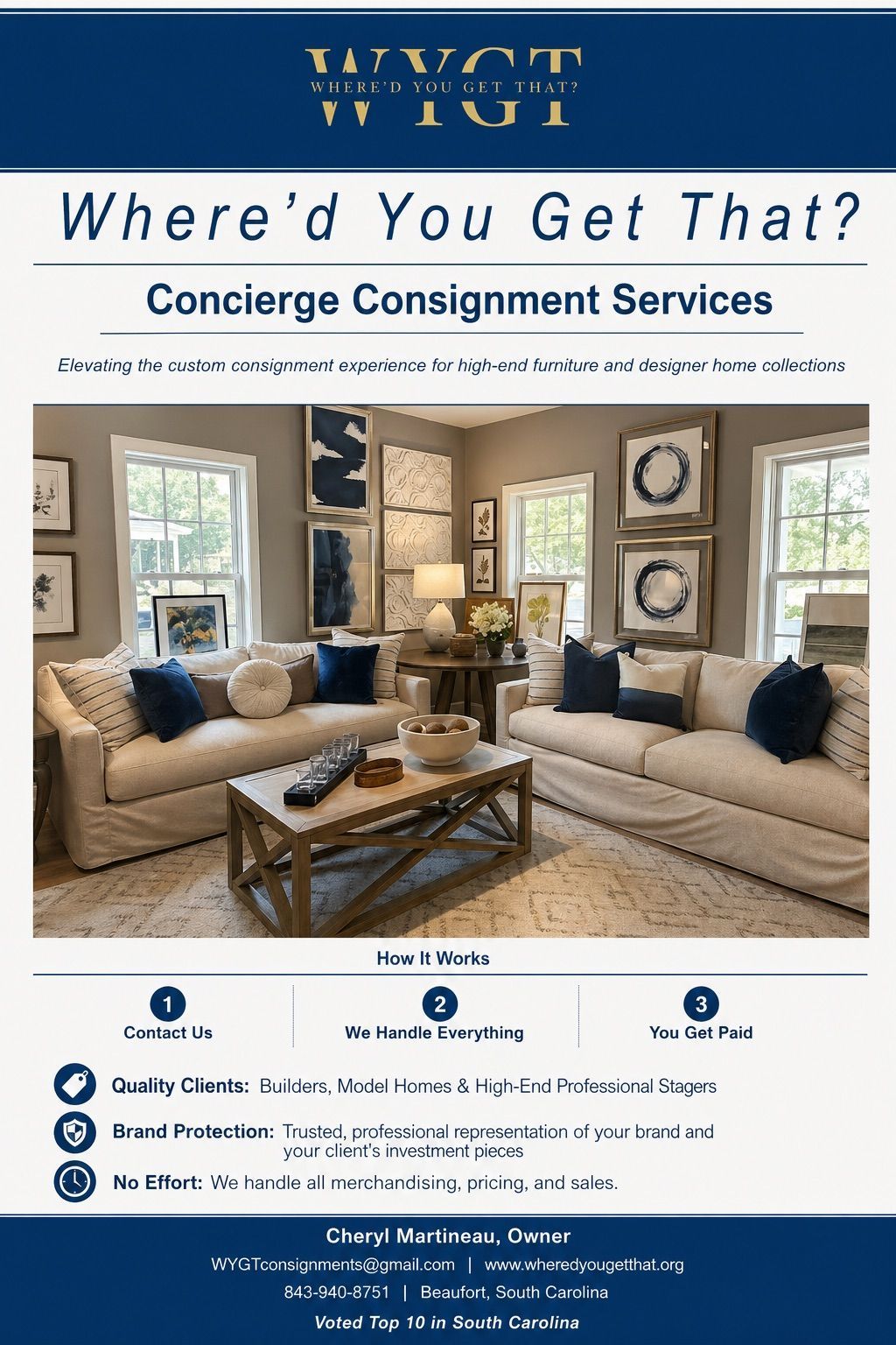 Blue promotional flyer for Concierge Consignment Services, featuring a staged living room and contact details