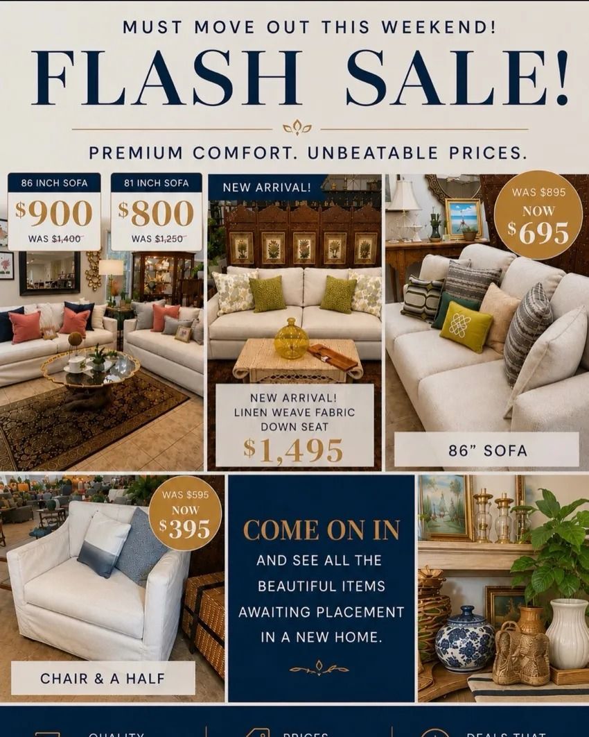Flash sale furniture ad with living room sets, prices, and “come in” promotion