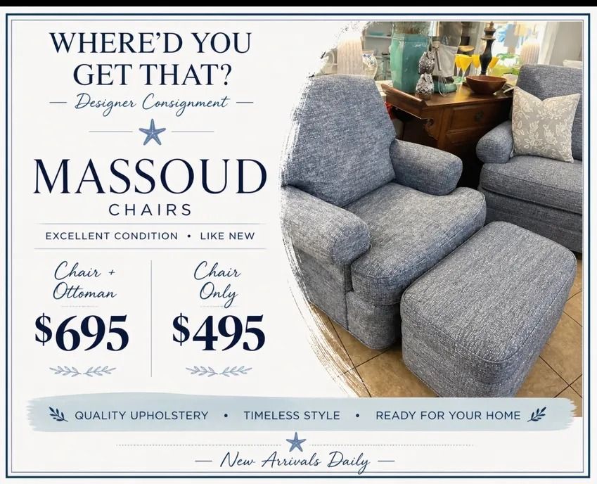Massoud Chairs ad with gray sectional sofa and matching ottoman, prices $695 and $495