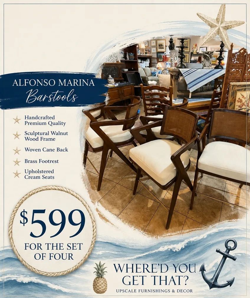 Alfonso Marina Barcelo patio dining set ad with table, chairs, starfish, and