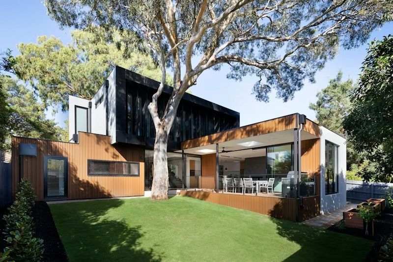Modern house with wood and glass exterior, large tree, and green lawn in a sunny yard