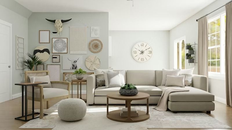 Bright neutral living room with beige sectional, round coffee table, wall clock, and decorative gallery wall.