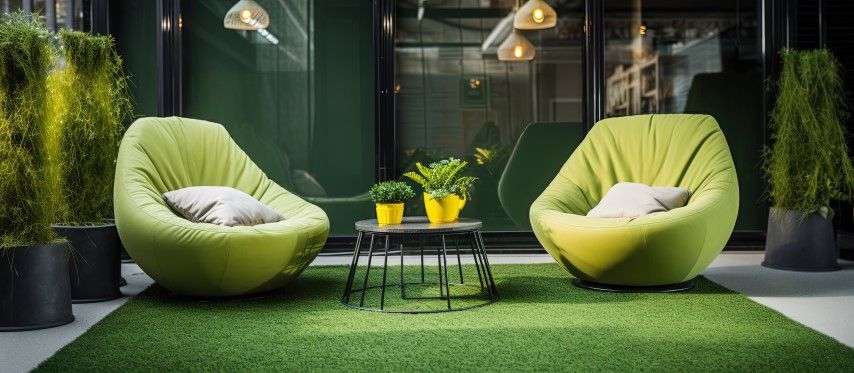 Two lime green lounge chairs face each other on green turf. A small black table holds yellow potted plants.