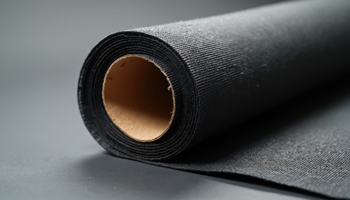 Roll of black landscape fabric on a gray surface, partially unrolled.