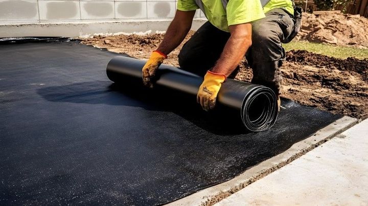 Man in safety vest and gloves unrolling black landscape fabric on concrete.
