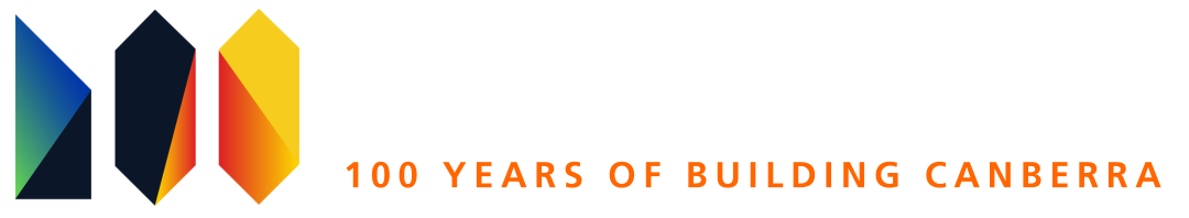 Logo of Master Builders, Australian Capital Territory, with colourful geometric shapes and text about building Canberra.