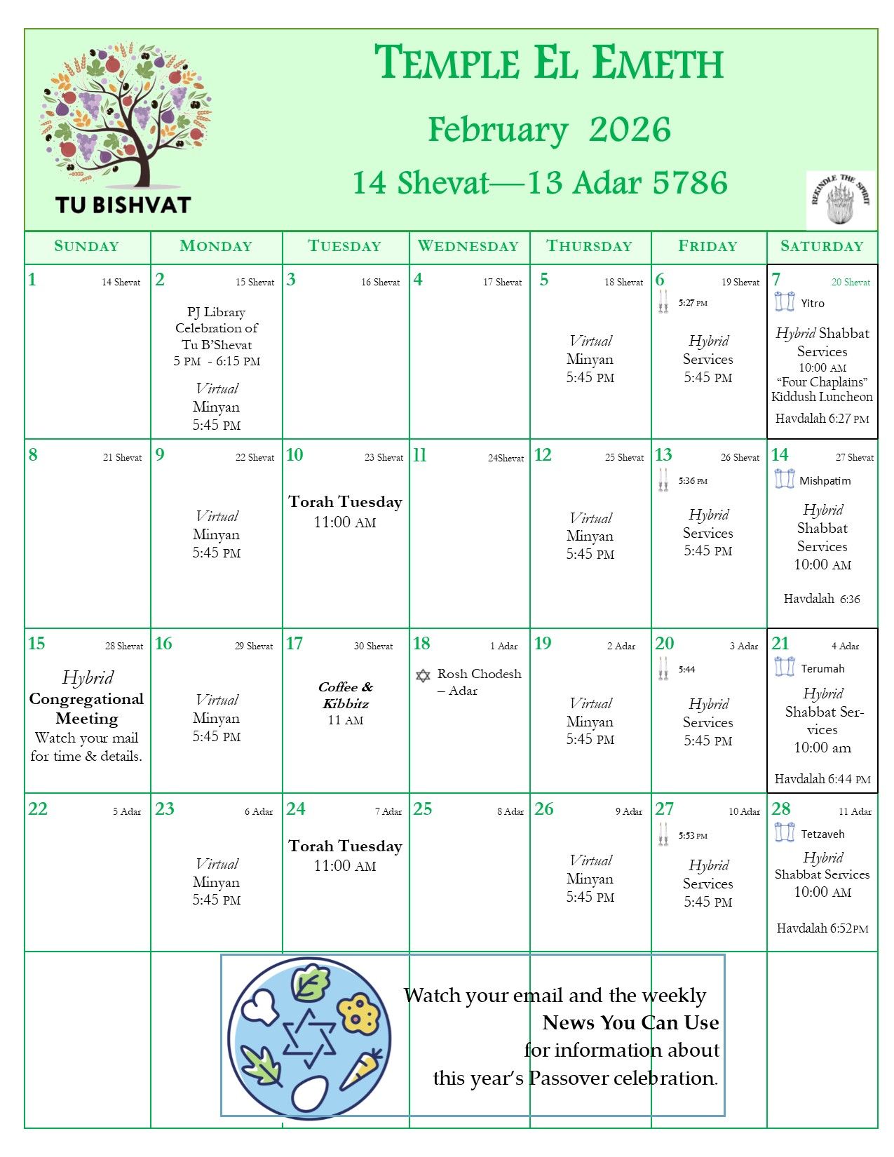 A calendar for Temple El Emeth for  2026