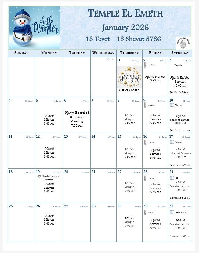 A calendar for Temple El Emeth for  2025