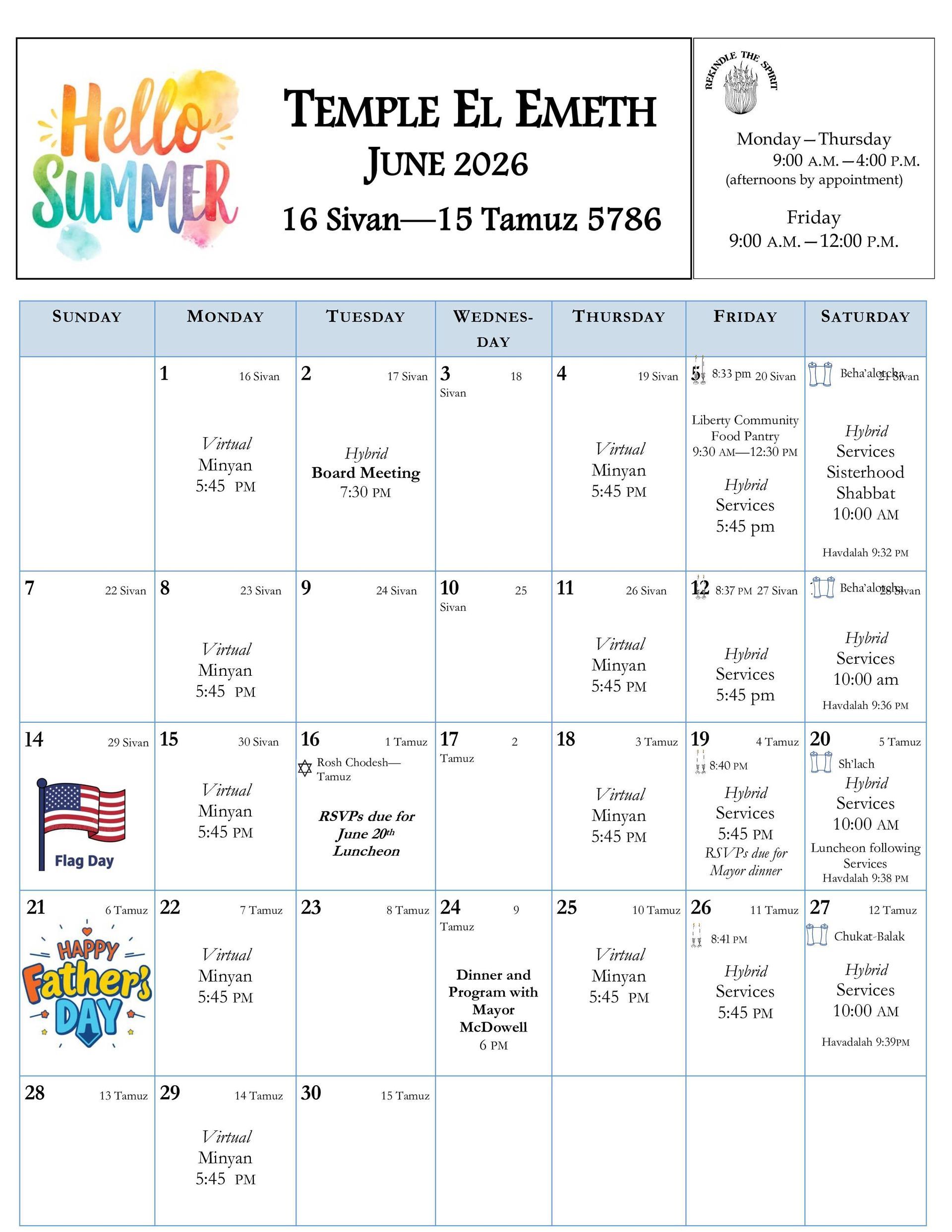A calendar for Temple El Emeth for  2026