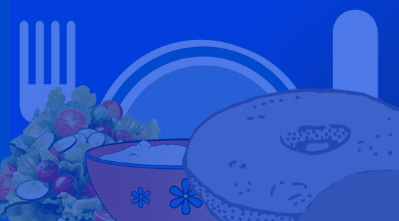 A blue background with a bowl of food and a fork.