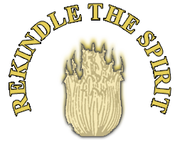 A logo for rekindle the spirit has a flame in the center