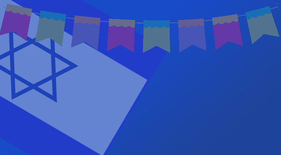 A blue background with a star of david and a string of colorful flags.