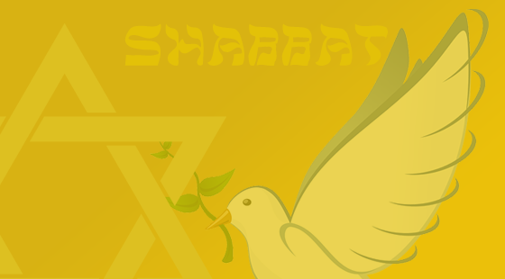 A dove is flying with a branch in its beak on a yellow background.