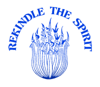 A blue logo that says rekindle the spirit