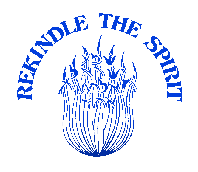 A blue logo that says rekindle the spirit