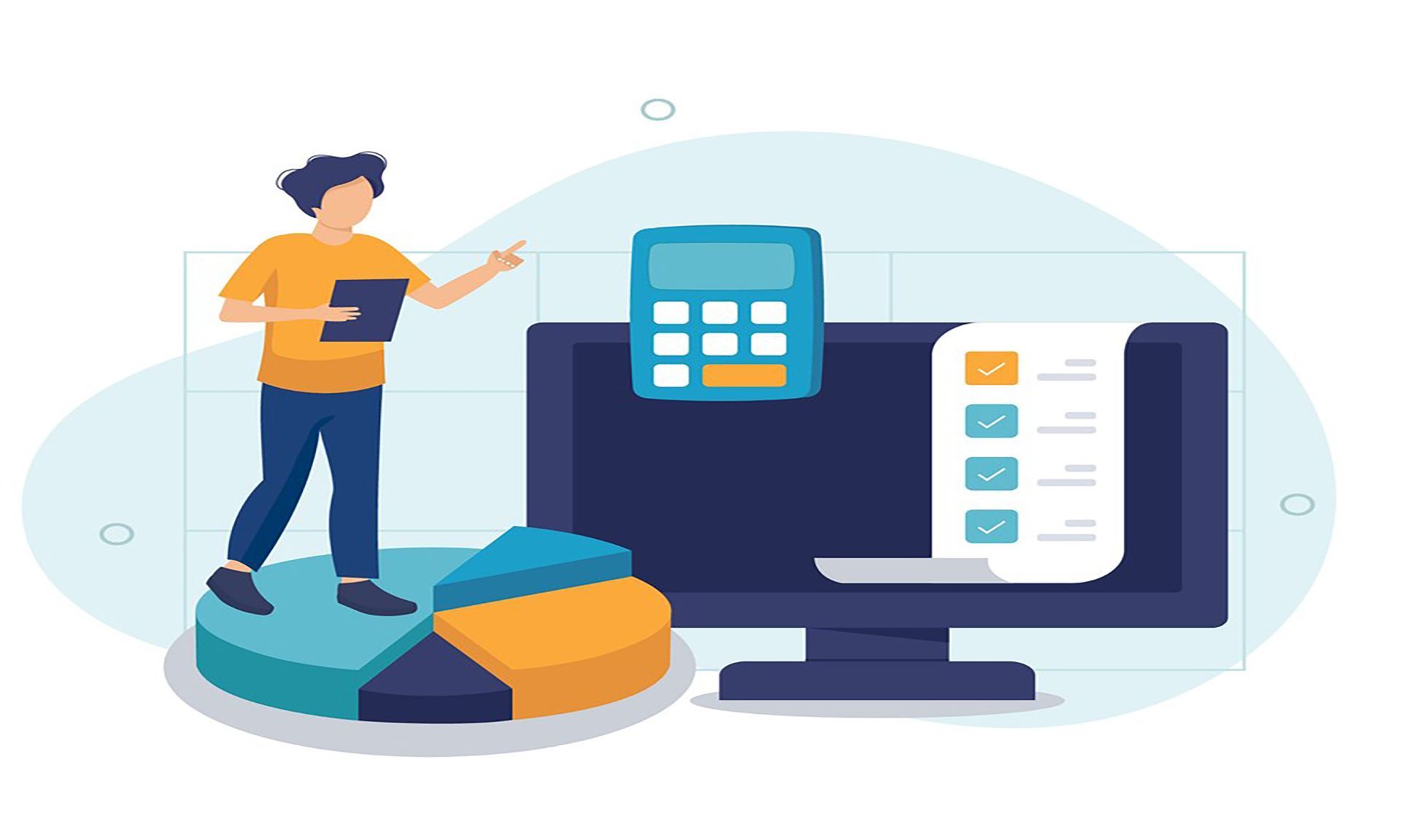A man is standing on a pie chart next to a computer and a calculator.