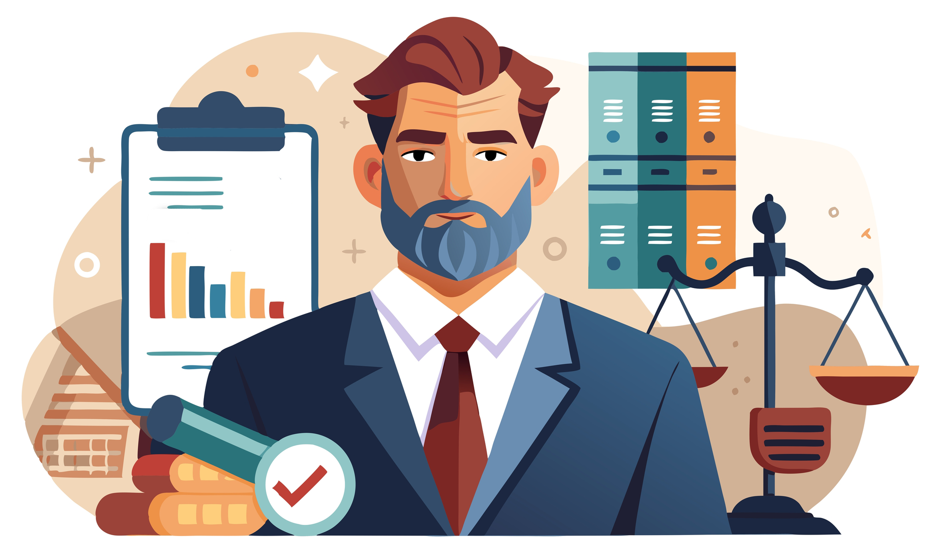 A man in a suit and tie is holding a piece of paper in front of a scale of justice.