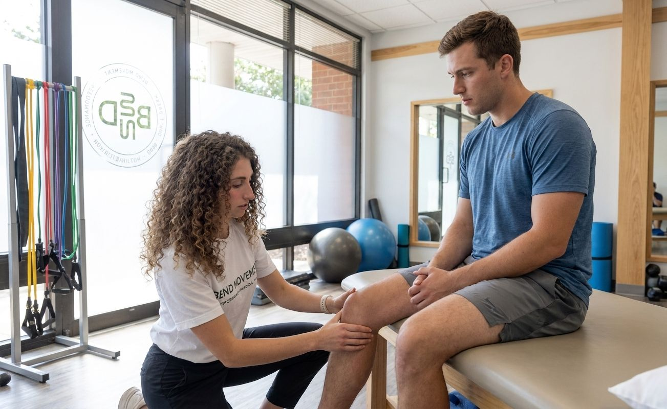 Physical therapist examining a man’s knee in a bright clinic with exercise balls and equipment.