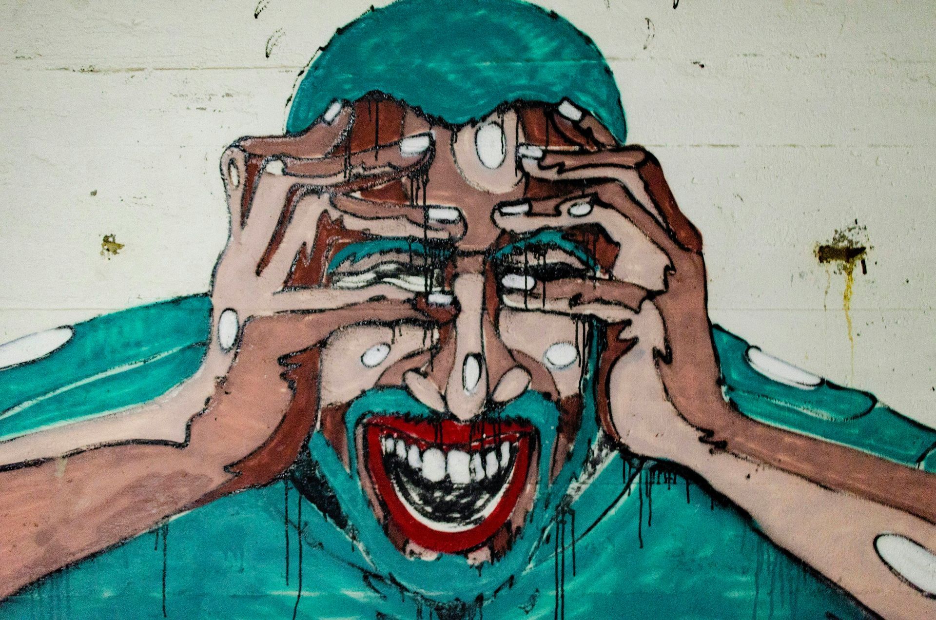 A painting of a man covering his eyes with his hands