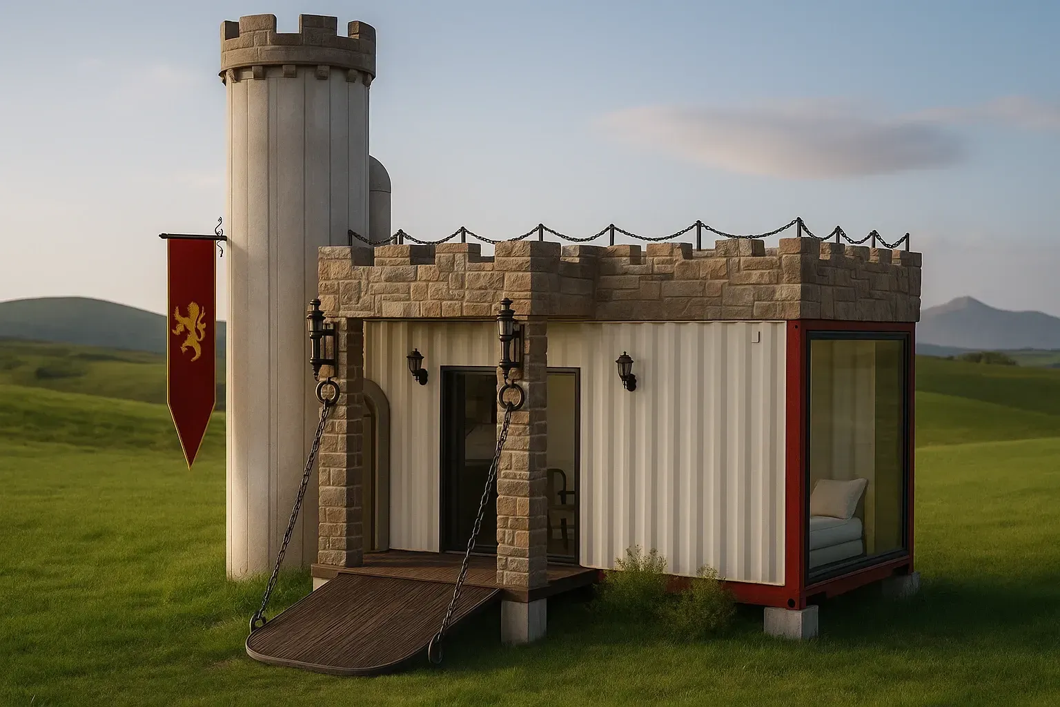 Pequeno edifício com temática de castelo em um campo gramado, com uma torre, bandeira vermelha e fachada de pedra.