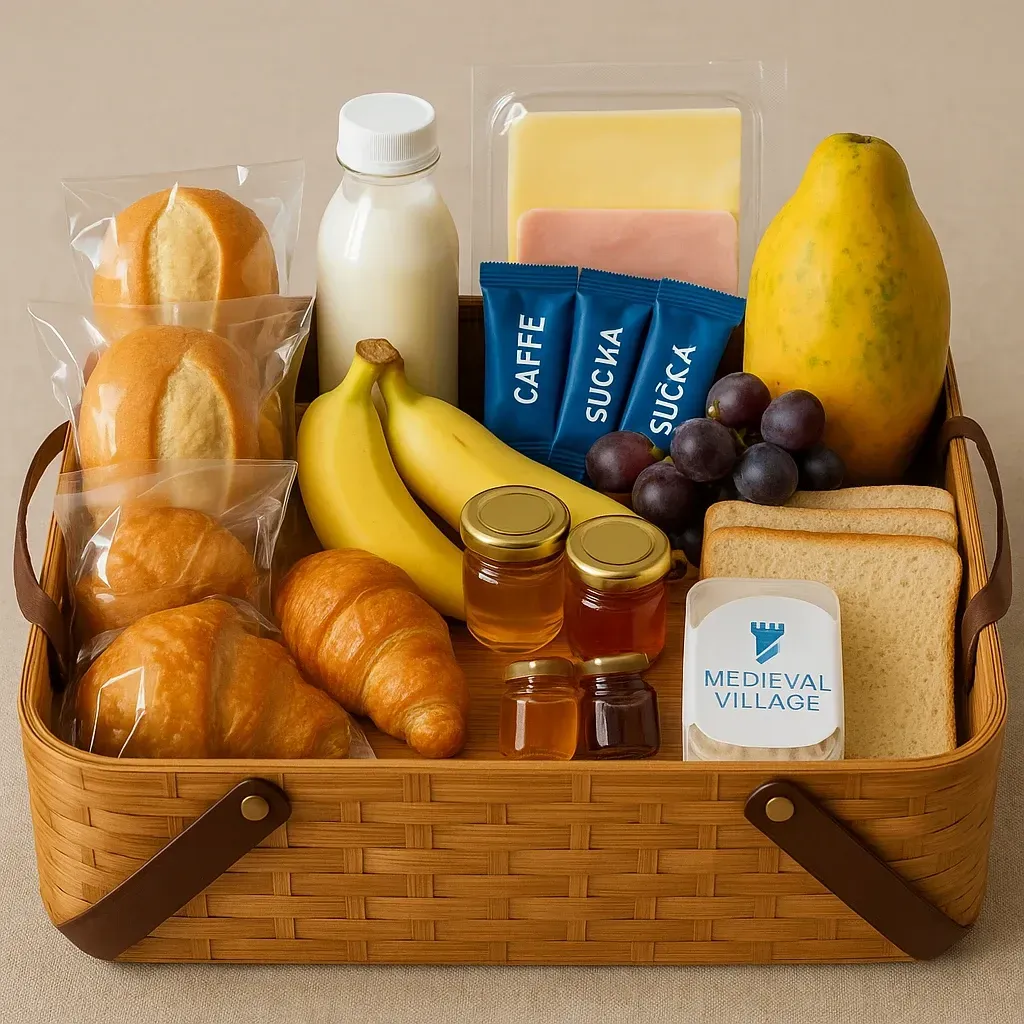 Cesta de café da manhã com diversos alimentos, incluindo pão, frutas e itens embalados.