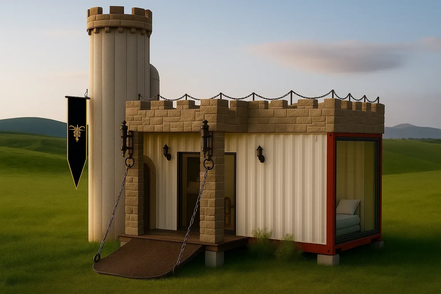 Edifício em estilo medieval com uma torre e uma estrutura semelhante a um contêiner. Uma bandeira está pendurada na torre. Situado em um campo gramado.