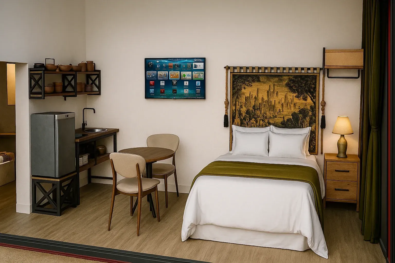 Quarto de hotel pequeno com cama, pequena cozinha, mesa e TV fixada na parede.