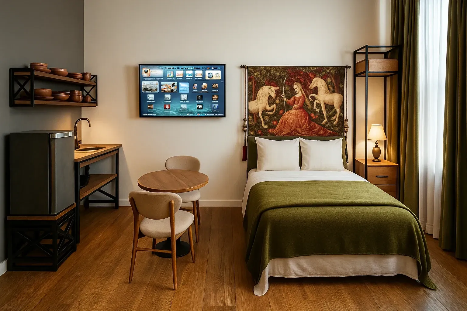 Quarto com cama, tapeçaria, TV, mesinha de centro e detalhes em verde.