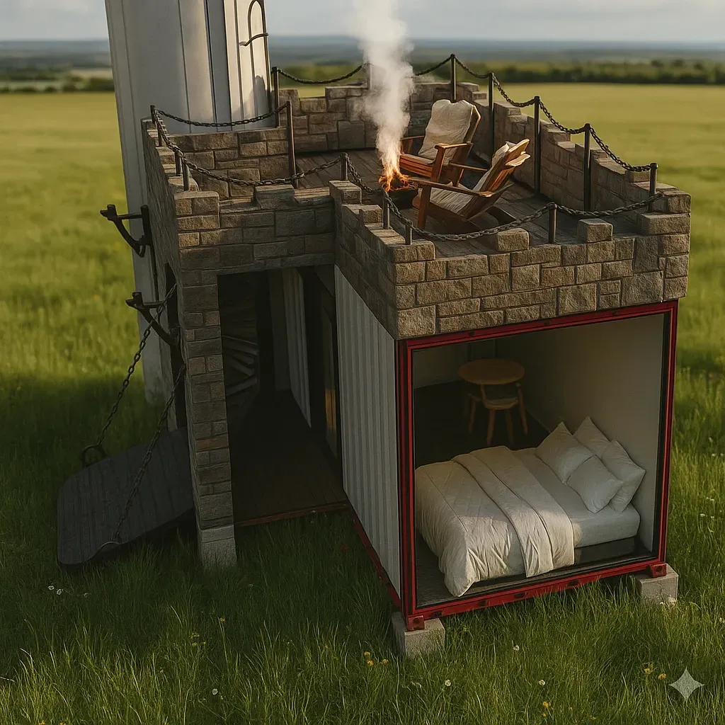 Estrutura de pedra construída sobre uma torre branca em um campo, com um quarto aberto nas laterais, com uma cama e uma lareira no topo.