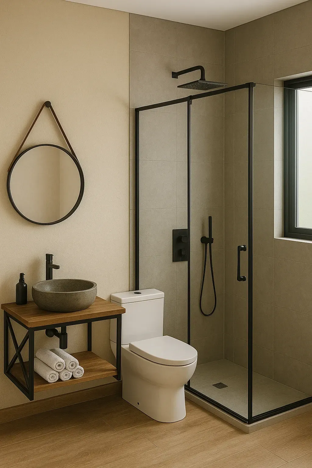 Banheiro moderno com box de vidro e moldura preta, vaso sanitário, pia suspensa e espelho redondo. Paredes bege com detalhes em madeira e pedra.