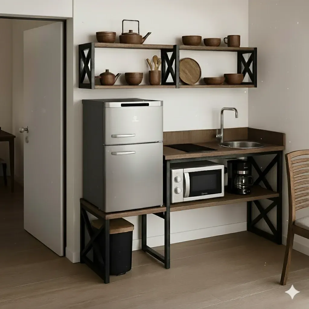 Pequena cozinha americana com geladeira, micro-ondas e prateleiras abertas em um apartamento.