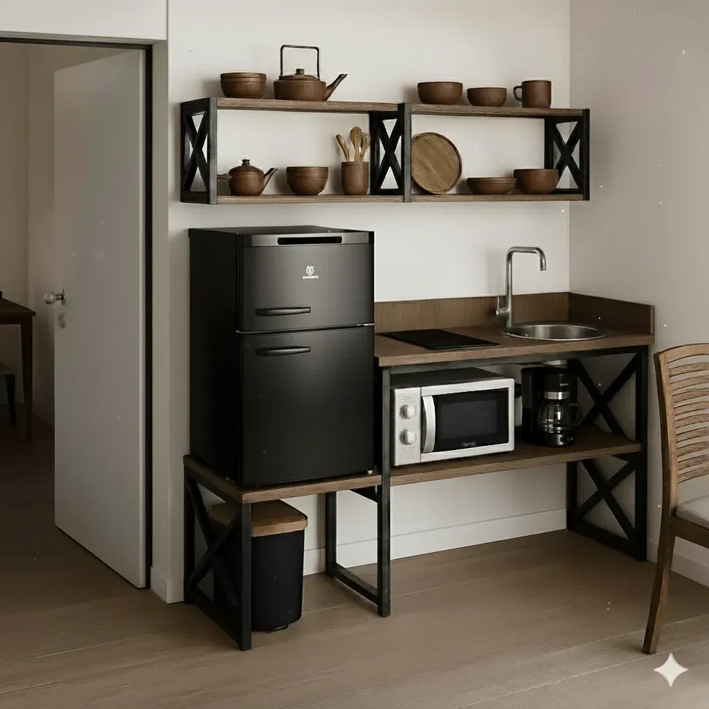 Uma pequena cozinha com uma geladeira preta, um micro-ondas e prateleiras de madeira repletas de utensílios de cozinha.