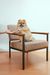 A pomeranian dog is sitting on a chair giving a high five to a person.