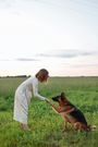 A woman is playing with a german shepherd dog in a field.
